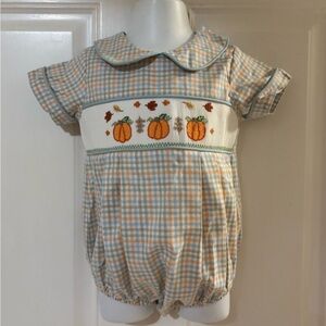 12m Three Sisters Pumpkin multicolor plaid Smocked Pumpkin Short Sleeve Bubble
